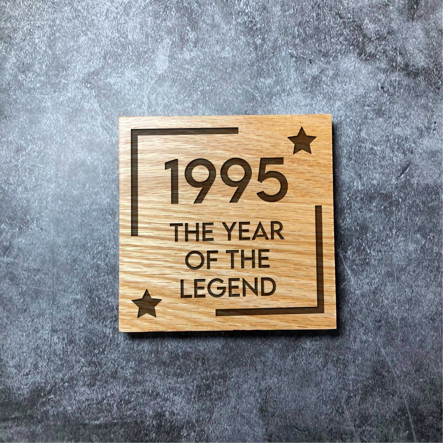 Custom Year Of The Legend Coaster - ANY YEAR - Deluxe Varnished Oak Wood - Birth Year - Personalised Laser Engraved Square Wood Coasters