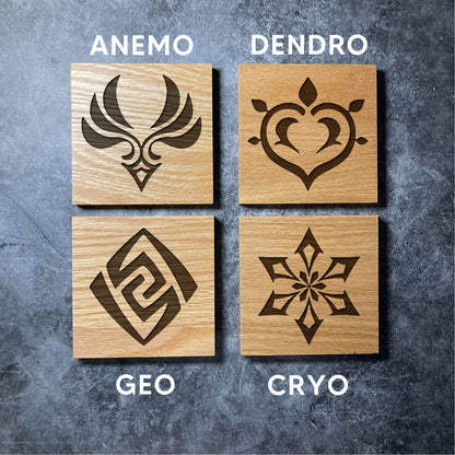 Genshin Class Icon Coasters - Real Solid Oak Wood - 7 Designs - Genshin Impact Classes Icons etc - Laser Engraved Square Wooden Coaster