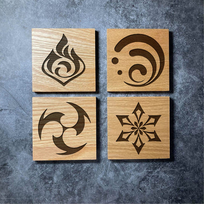 Genshin Class Icon Coasters - Real Solid Oak Wood - 7 Designs - Genshin Impact Classes Icons etc - Laser Engraved Square Wooden Coaster