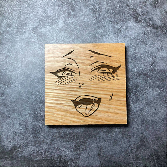 Ahegao Anime Coaster - Deluxe Varnished Oak Wood - Funny Meme Anime Ahegao - Laser Engraved Square Wood Coasters