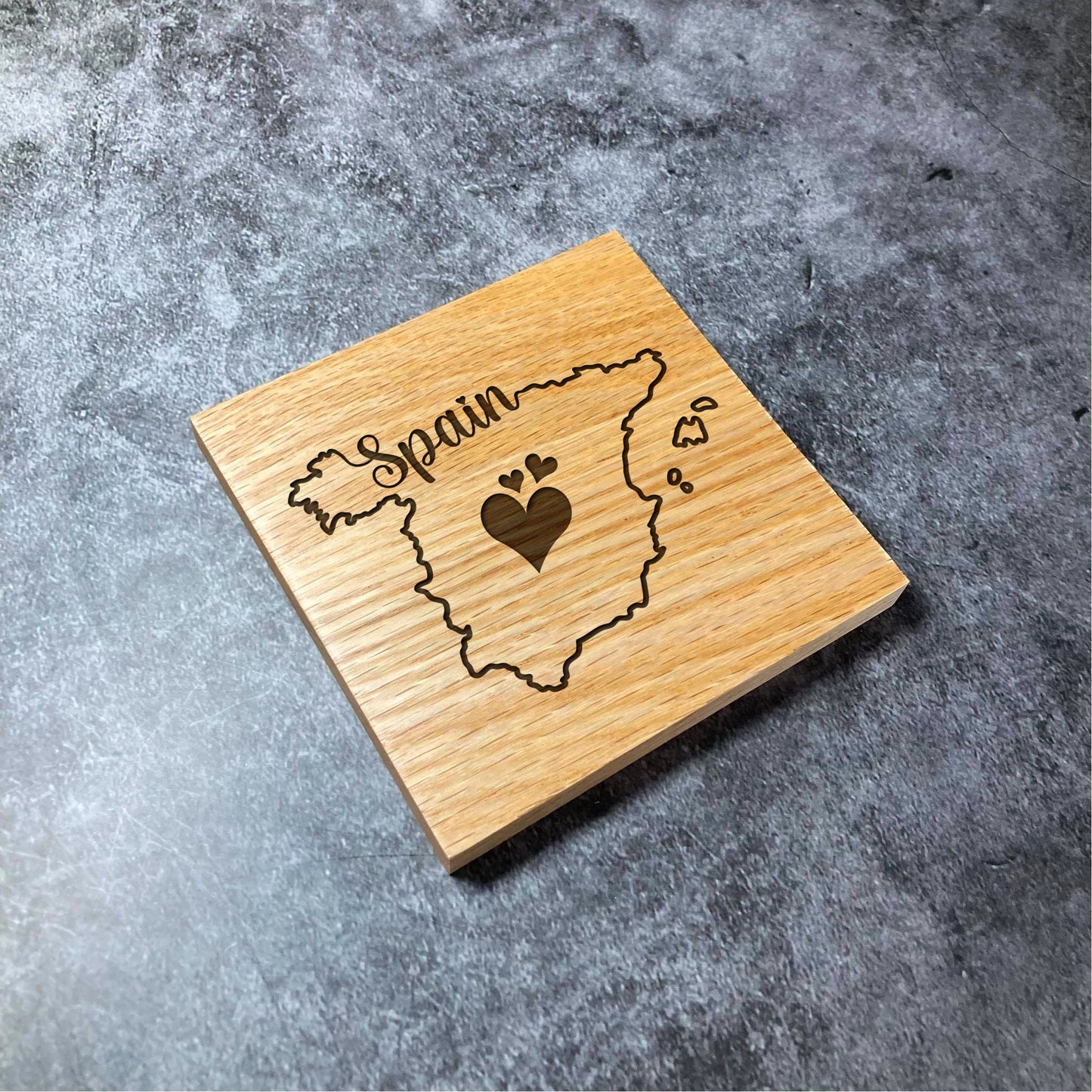 Love Spain Coaster - Deluxe Varnished Oak Wood - Spanish Country Border Outline Hearts - Personalised Laser Engraved Square Wood Coasters