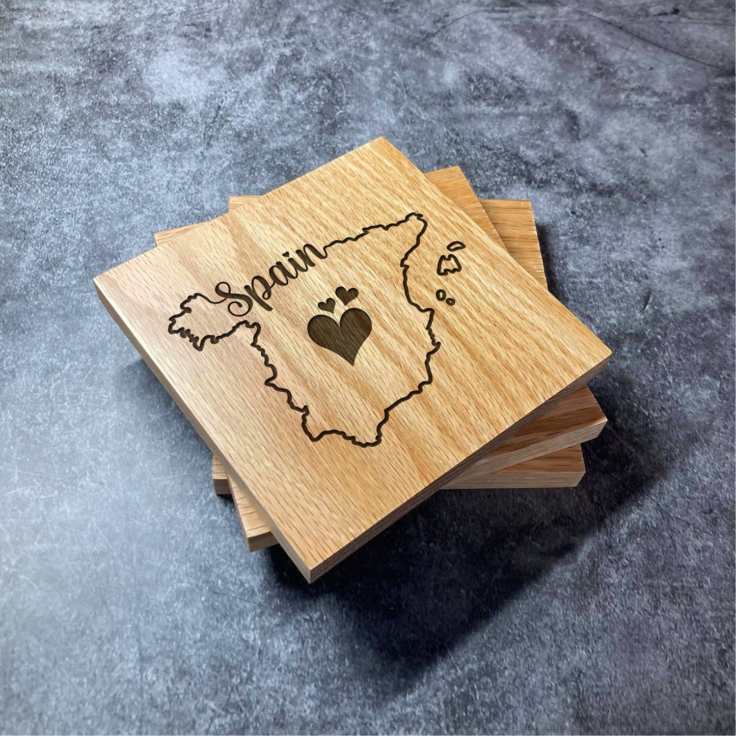 Love Spain Coaster - Deluxe Varnished Oak Wood - Spanish Country Border Outline Hearts - Personalised Laser Engraved Square Wood Coasters