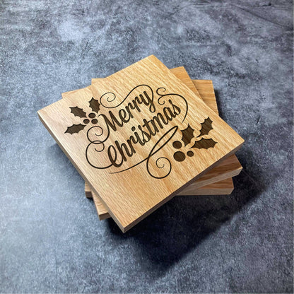 Merry Christmas Coaster - Deluxe Varnished Oak - Holiday Xmas Winter Christmas Design with Holly - Laser Engraved Square Wood Coasters