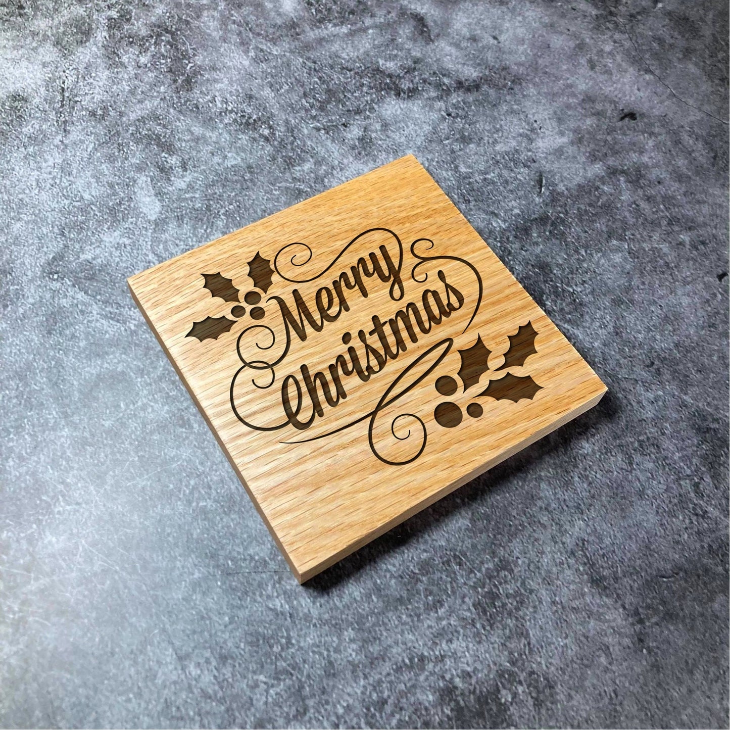 Merry Christmas Coaster - Deluxe Varnished Oak - Holiday Xmas Winter Christmas Design with Holly - Laser Engraved Square Wood Coasters