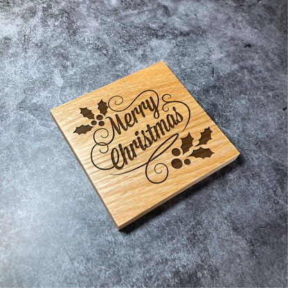 Merry Christmas Coaster - Deluxe Varnished Oak - Holiday Xmas Winter Christmas Design with Holly - Laser Engraved Square Wood Coasters