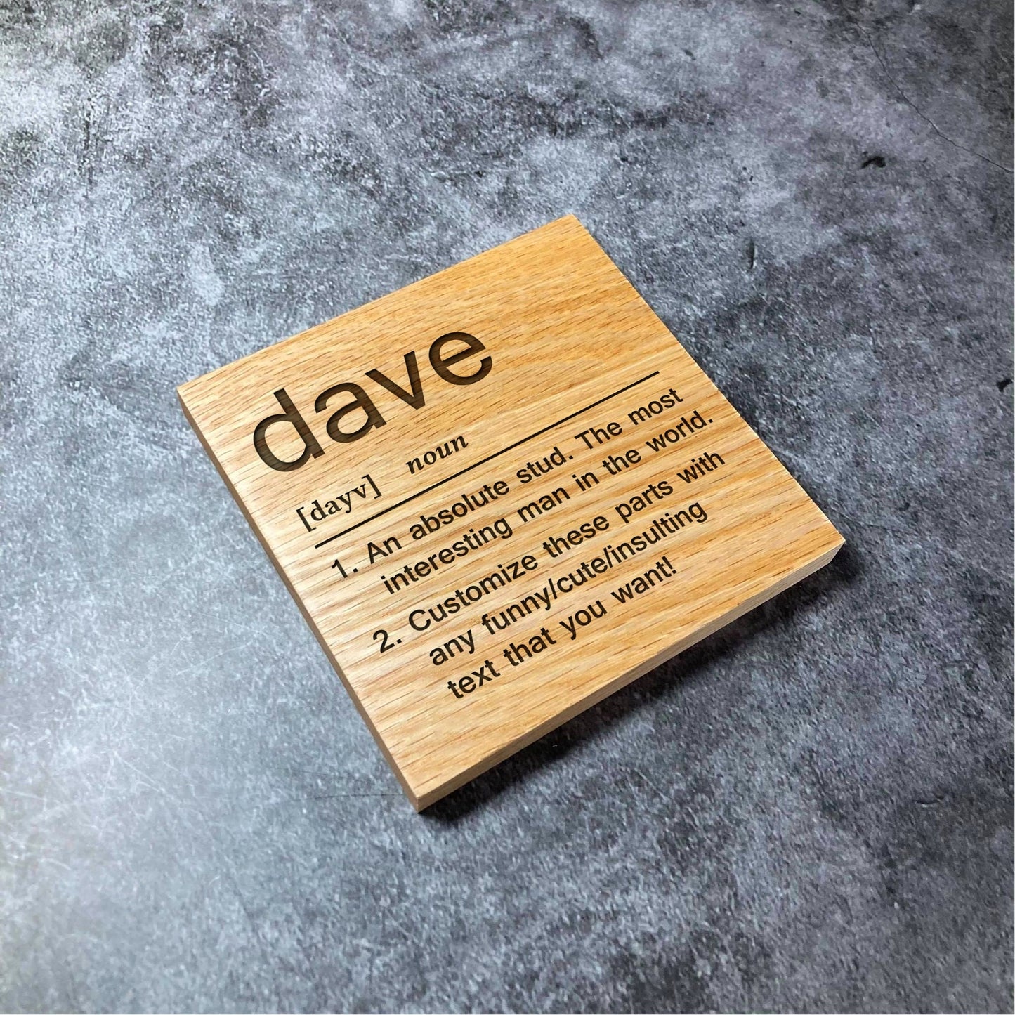 Custom Name Definition Coaster - Deluxe Varnished Oak Wood - Funny Dictionary Meaning - Laser Engraved Square Wood Coasters - Home Decor