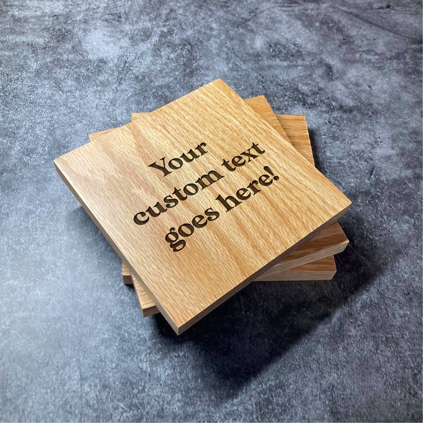 Custom Text Coaster - Deluxe Varnished Oak Wood - Any Text Customized Personalized - Laser Engraved Square Wood Coasters