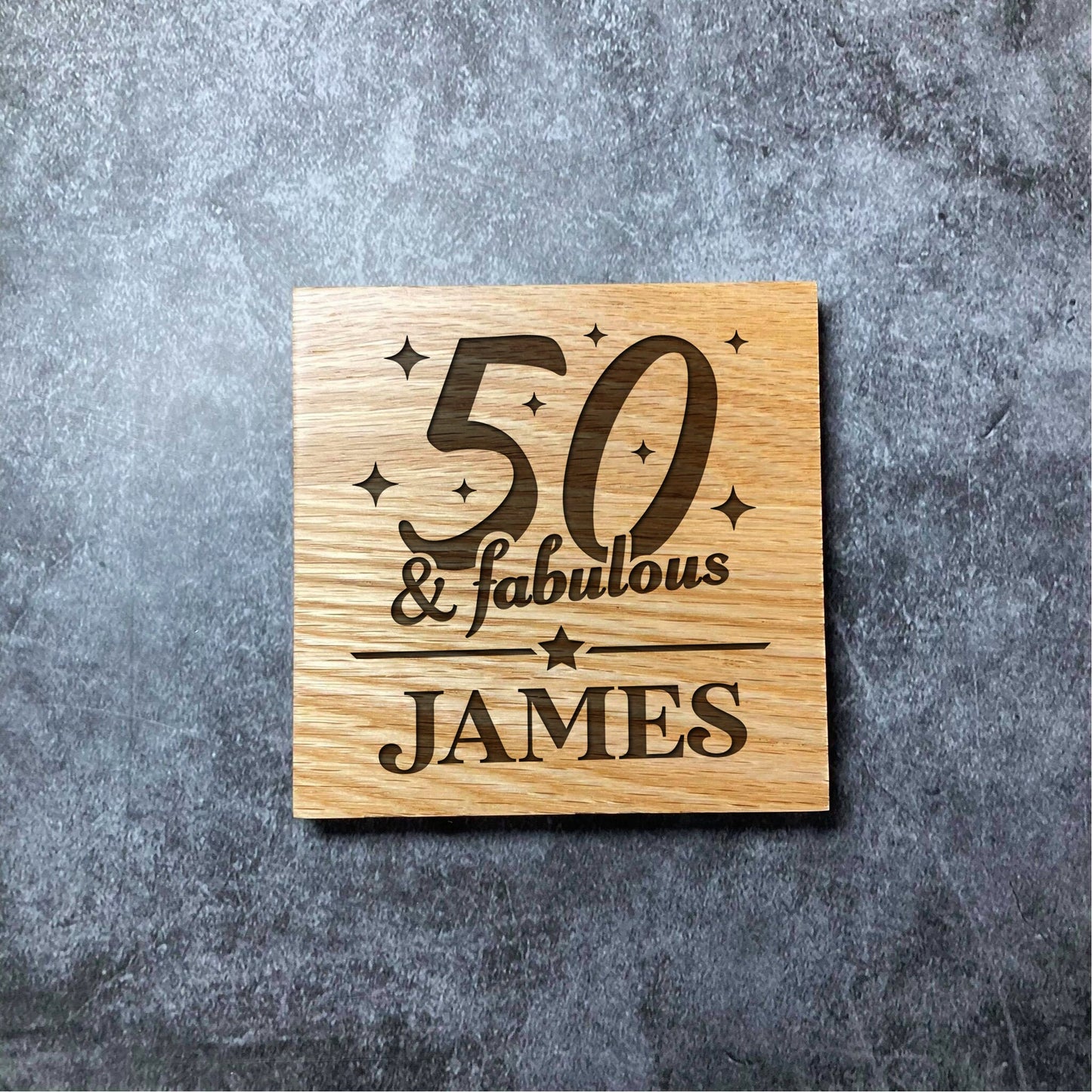 Custom Birthday & Name Coaster - Any Age and Name - Deluxe Varnished Oak Wood - Fabulous Personalised Laser Engraved Square Wood Coasters