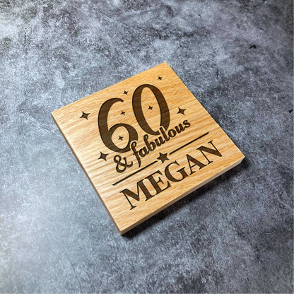 Custom Birthday & Name Coaster - Any Age and Name - Deluxe Varnished Oak Wood - Fabulous Personalised Laser Engraved Square Wood Coasters