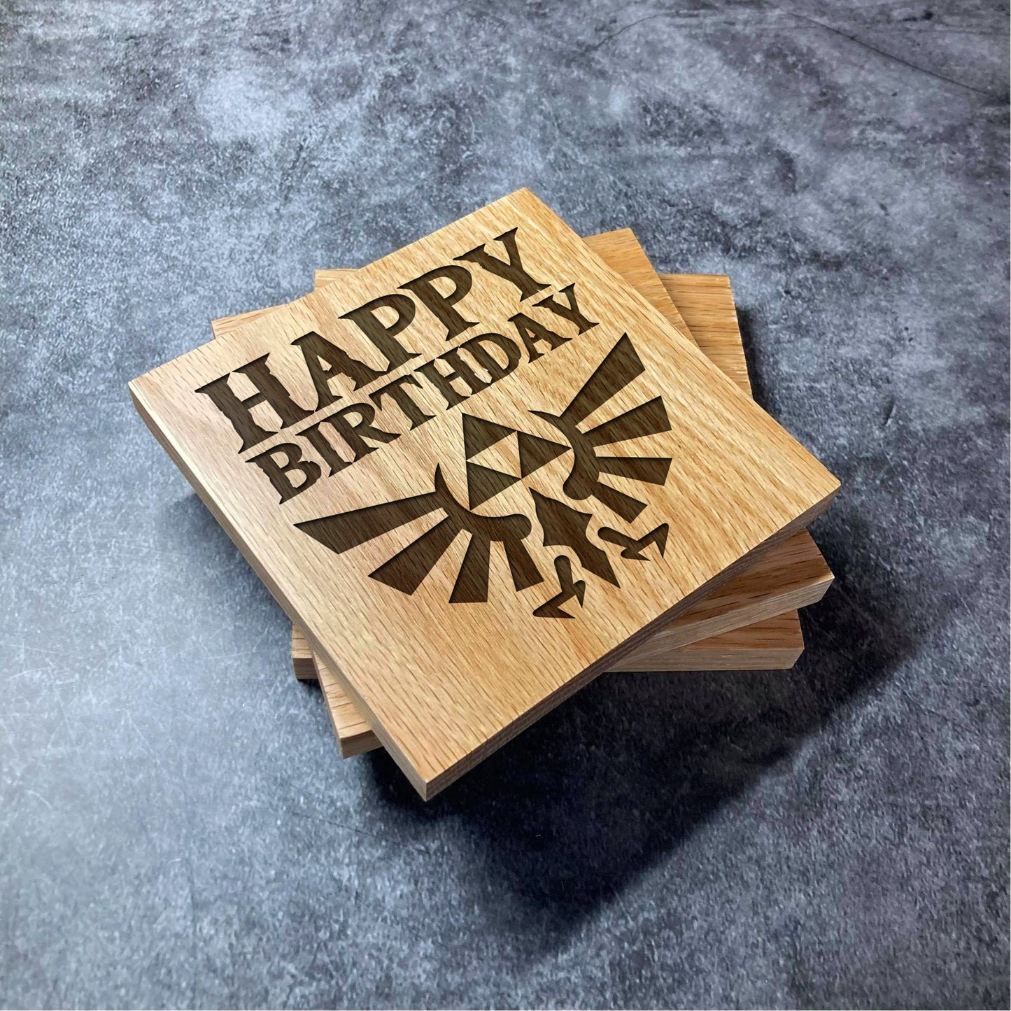 Zelda Happy Birthday Coaster - Deluxe Varnished Oak Wood - Laser Engraved Square Wood Coasters