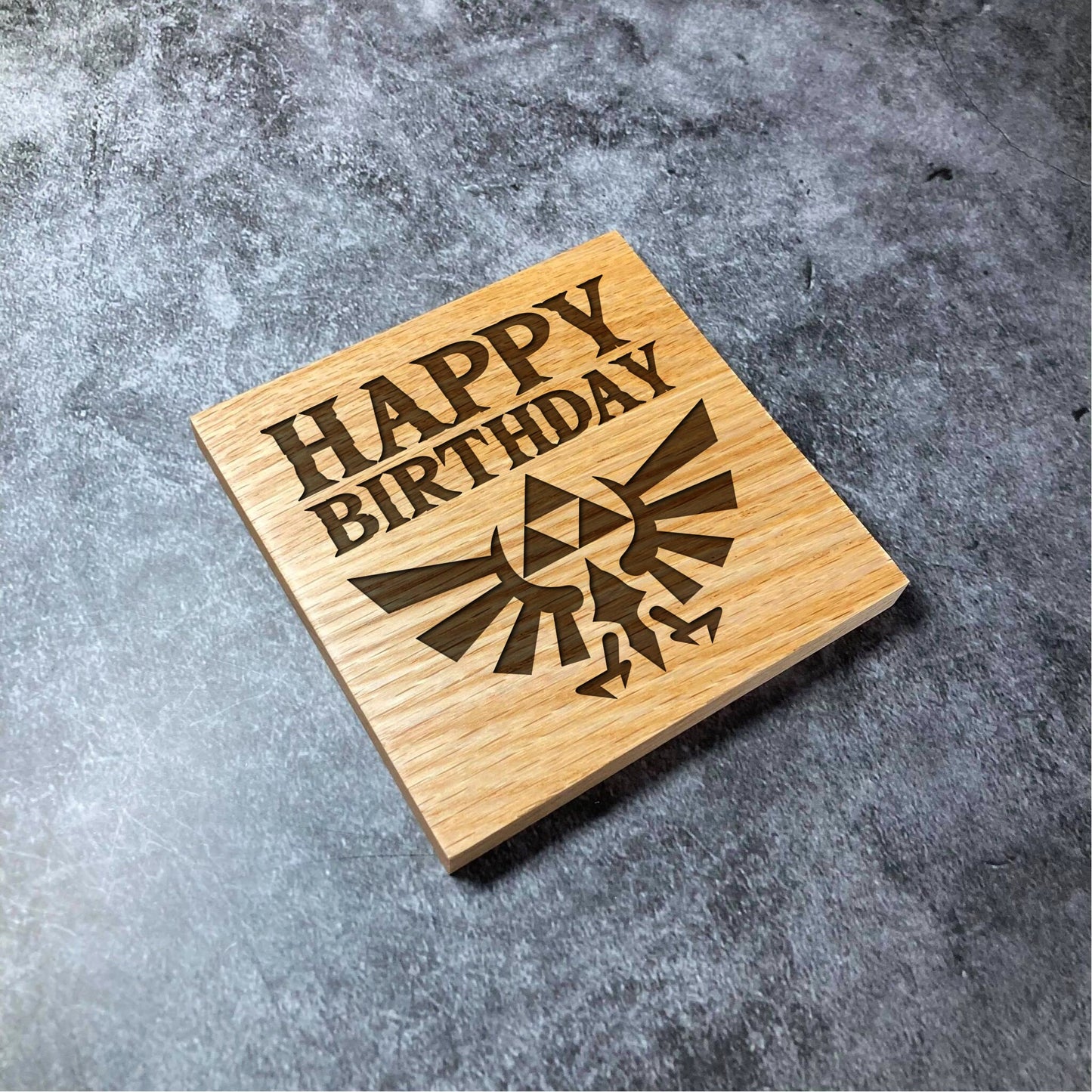 Zelda Happy Birthday Coaster - Deluxe Varnished Oak Wood - Laser Engraved Square Wood Coasters