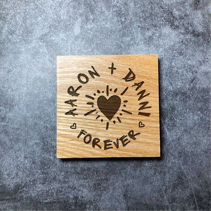 Love Forever Coaster - Custom Names - Deluxe Varnished Oak - Personalised Retro Valentines Scratch Laser Engraved Square Wood Coasters