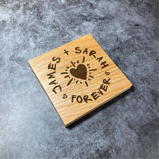 Love Forever Coaster - Custom Names - Deluxe Varnished Oak - Personalised Retro Valentines Scratch Laser Engraved Square Wood Coasters