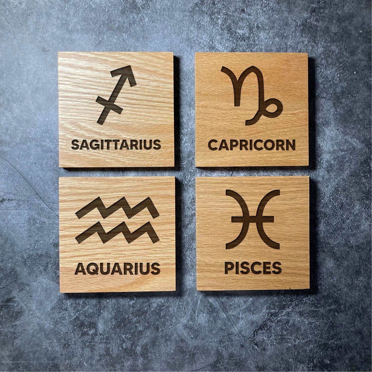 Star Sign Coasters - Luxury Engraved & Varnished Oak Wood Coaster - Zodiac Astrology Symbols Birth Month Gift