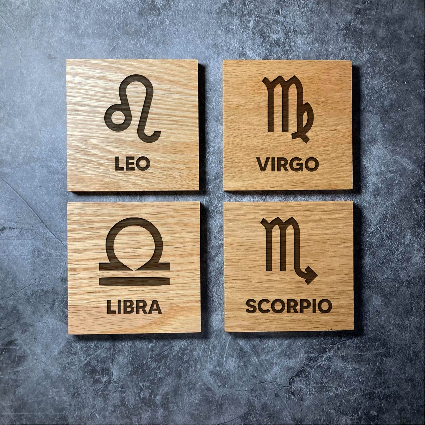 Star Sign Coasters - Luxury Engraved & Varnished Oak Wood Coaster - Zodiac Astrology Symbols Birth Month Gift