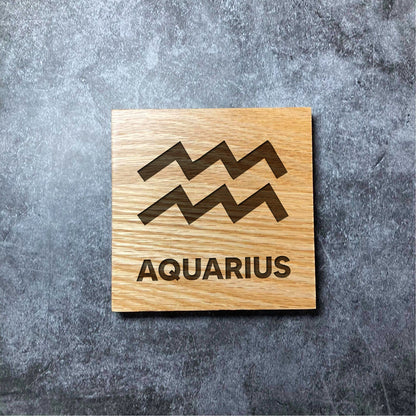 Star Sign Coasters - Luxury Engraved & Varnished Oak Wood Coaster - Zodiac Astrology Symbols Birth Month Gift