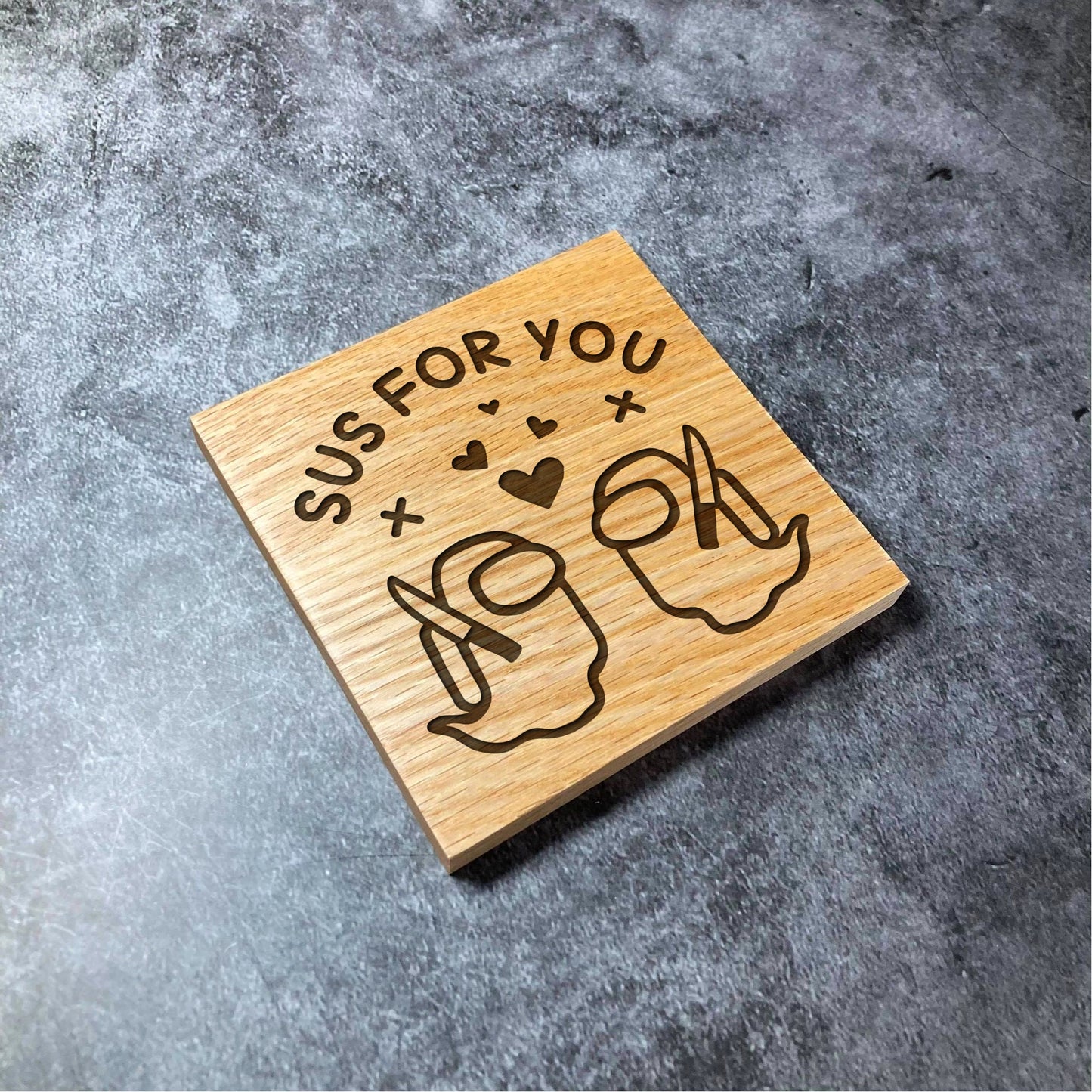 Among Us Valentines Couples Coaster - Sus For You Love  - Deluxe Varnished Oak Wood - Engraved Amongus Ghost Gamer Square Wood Coasters