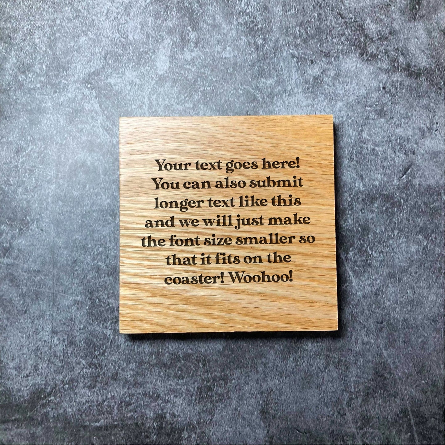 Custom Text Coaster - Deluxe Varnished Oak Wood - Any Text Customized Personalized - Laser Engraved Square Wood Coasters