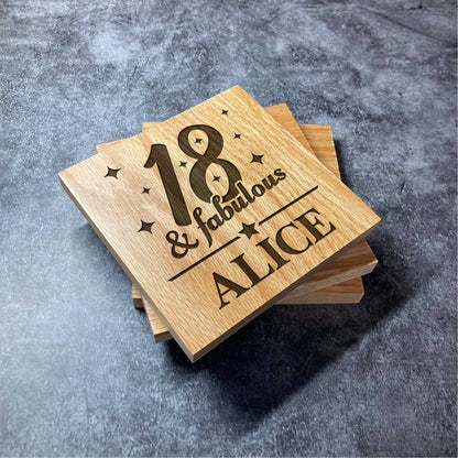 Custom Birthday & Name Coaster - Any Age and Name - Deluxe Varnished Oak Wood - Fabulous Personalised Laser Engraved Square Wood Coasters