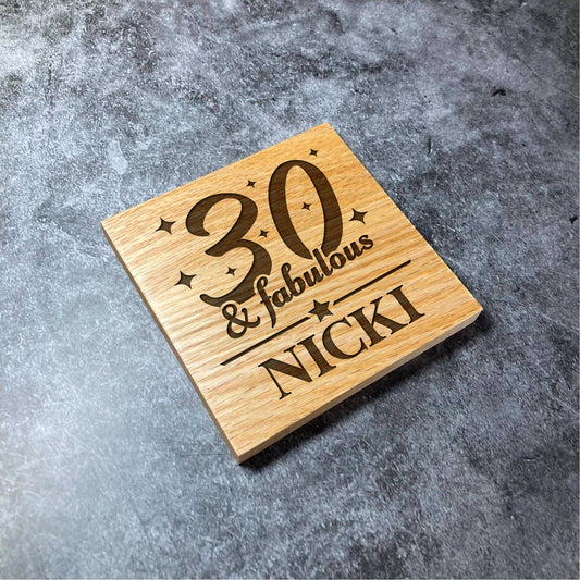 Custom Birthday & Name Coaster - Any Age and Name - Deluxe Varnished Oak Wood - Fabulous Personalised Laser Engraved Square Wood Coasters