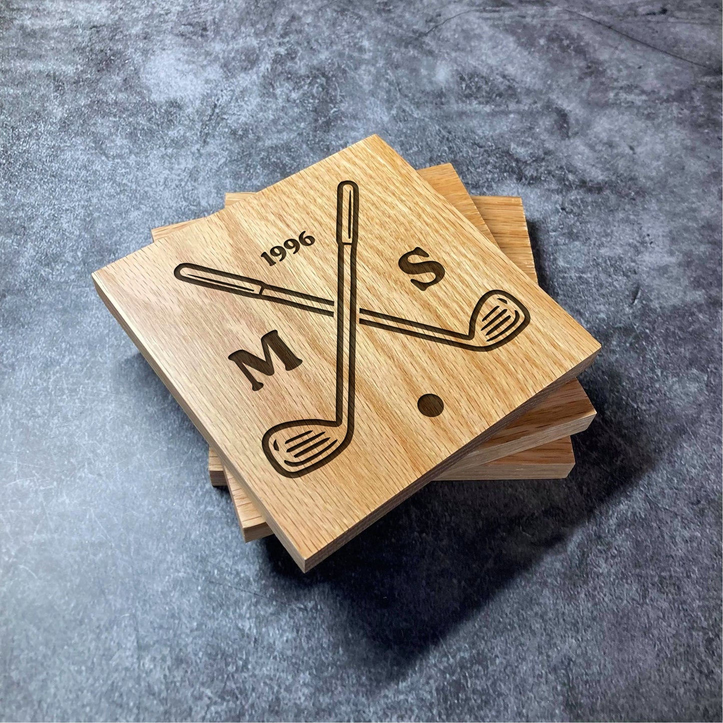 Custom Golf Coaster - Deluxe Varnished Oak Wood - Your Initials & Year Golfer Golf Fan - Personalised Laser Engraved Square Wood Coasters