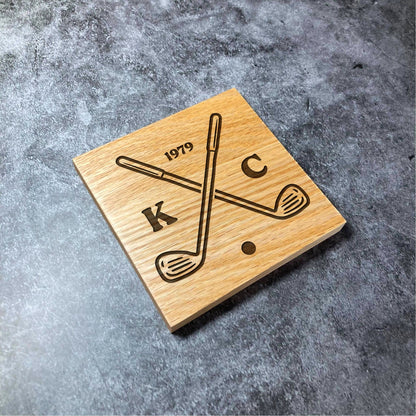 Custom Golf Coaster - Deluxe Varnished Oak Wood - Your Initials & Year Golfer Golf Fan - Personalised Laser Engraved Square Wood Coasters