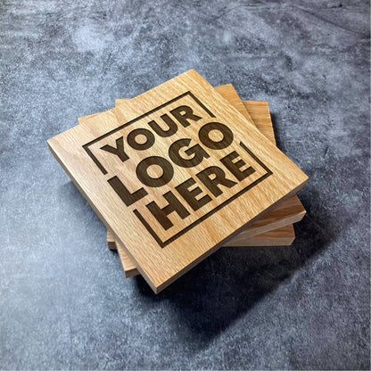 Custom Logo Coaster - Deluxe Varnished Oak Wood - Your Logo Here! Business Company Website Logo - Personalised Engraved Square Wood Coasters