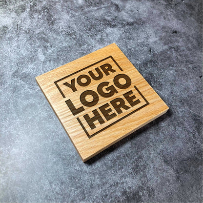 Custom Logo Coaster - Deluxe Varnished Oak Wood - Your Logo Here! Business Company Website Logo - Personalised Engraved Square Wood Coasters