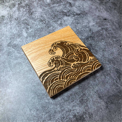 Ocean Waves Coaster - Deluxe Varnished Oak - Nature Beach Water Sea Wave Holiday Paradise Design  - Laser Engraved Square Coasters