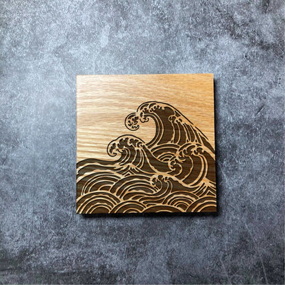 Ocean Waves Coaster - Deluxe Varnished Oak - Nature Beach Water Sea Wave Holiday Paradise Design  - Laser Engraved Square Coasters