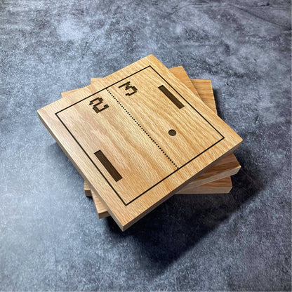 Retro Pong Coaster - Deluxe Varnished Oak - Classic Pong Game Gaming Gamer Design - Laser Engraved Square Wood Coasters