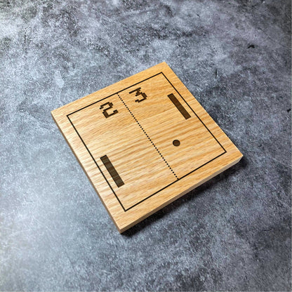 Retro Pong Coaster - Deluxe Varnished Oak - Classic Pong Game Gaming Gamer Design - Laser Engraved Square Wood Coasters