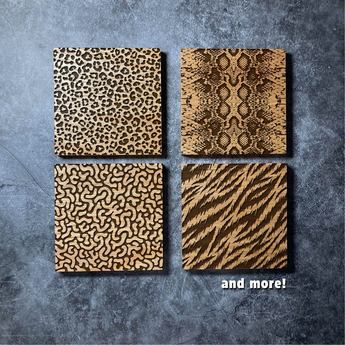 Luxury Animal Print Coaster - Deluxe Varnished Oak Wood - Leopard Snake Tiger & More! - Nature Skin Pattern Laser Engraved Wood Coasters