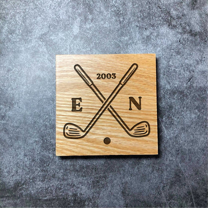 Custom Golf Coaster - Deluxe Varnished Oak Wood - Your Initials & Year Golfer Golf Fan - Personalised Laser Engraved Square Wood Coasters