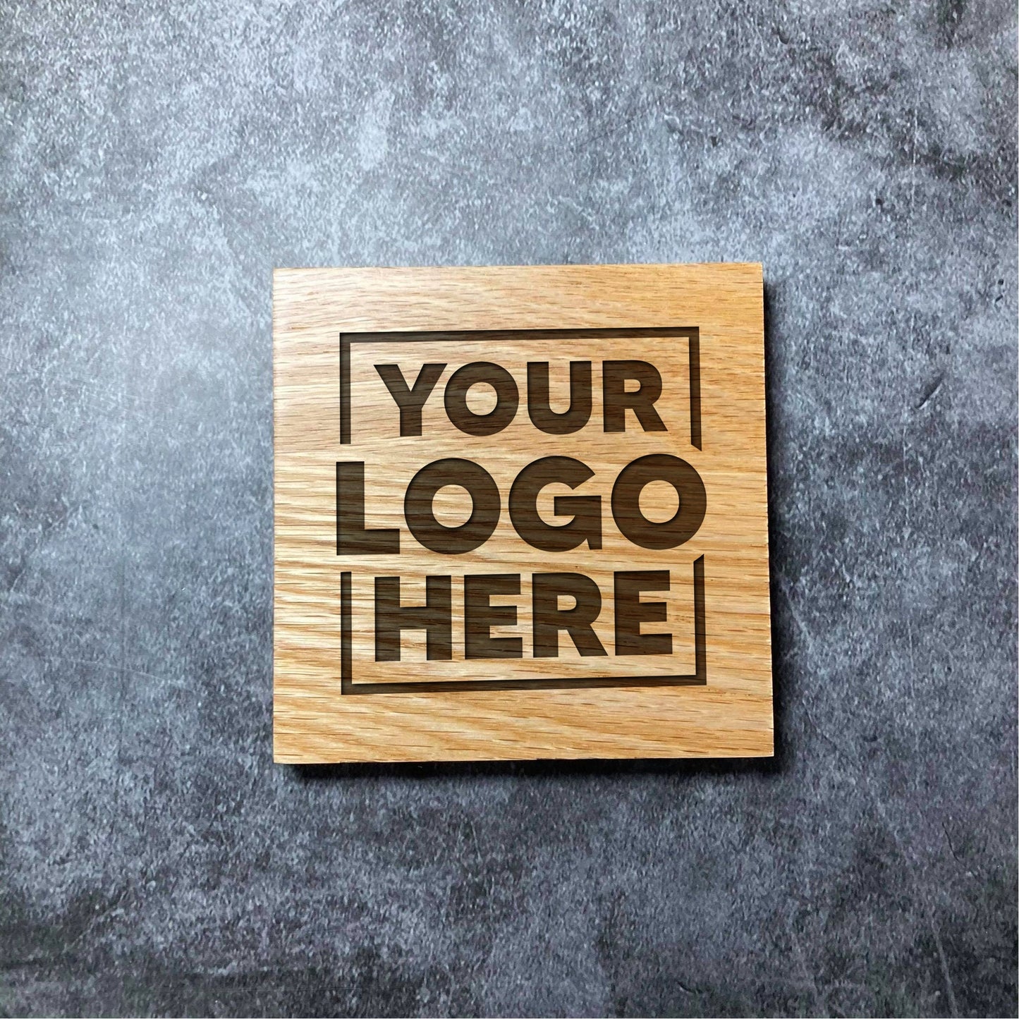 Custom Logo Coaster - Deluxe Varnished Oak Wood - Your Logo Here! Business Company Website Logo - Personalised Engraved Square Wood Coasters