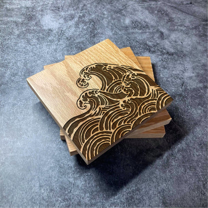 Ocean Waves Coaster - Deluxe Varnished Oak - Nature Beach Water Sea Wave Holiday Paradise Design  - Laser Engraved Square Coasters