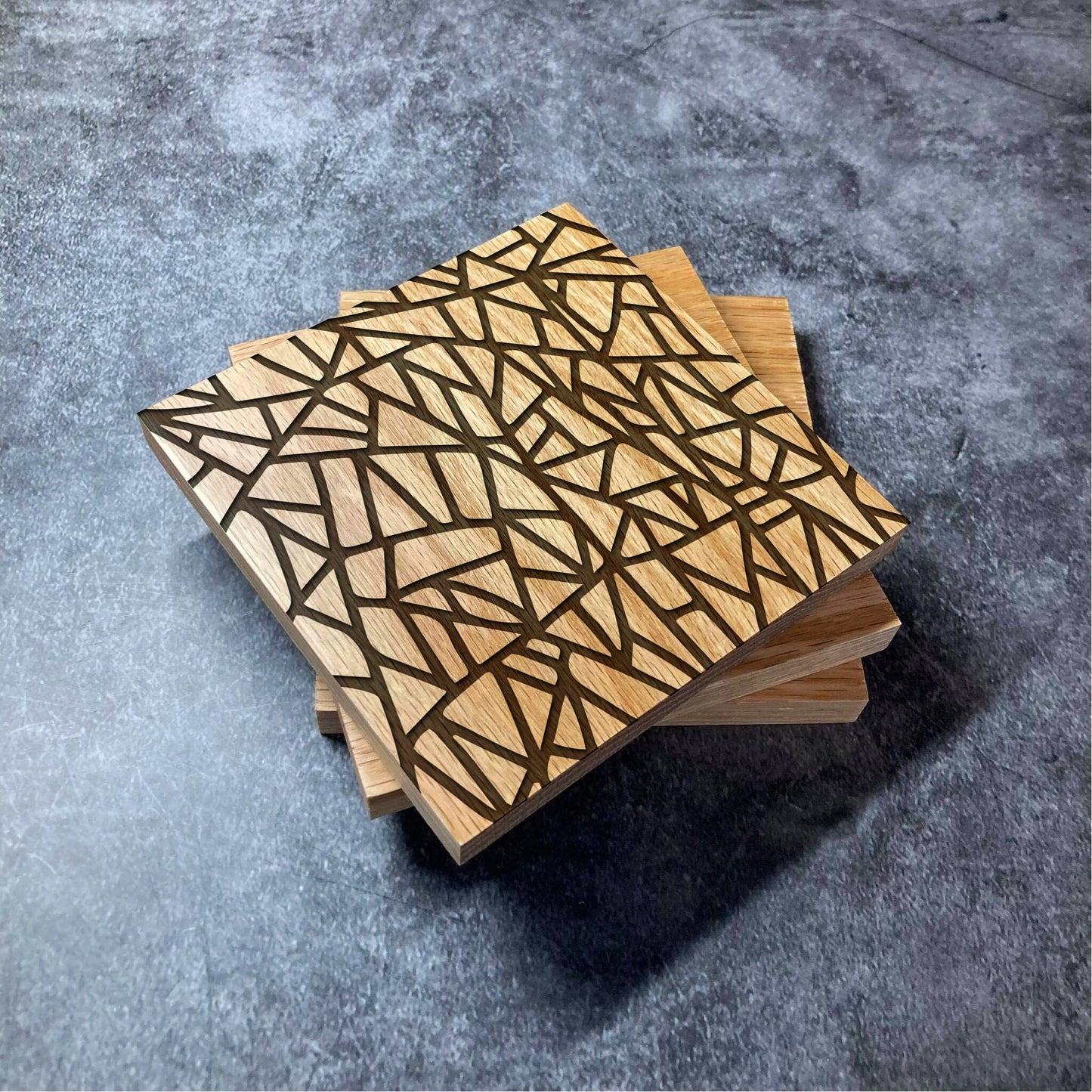 Abstract Pattern Coaster - Deluxe Varnished Oak - Unique Modern Abstract Pattern One of A Kind Art Design  - Laser Engraved Square Coasters