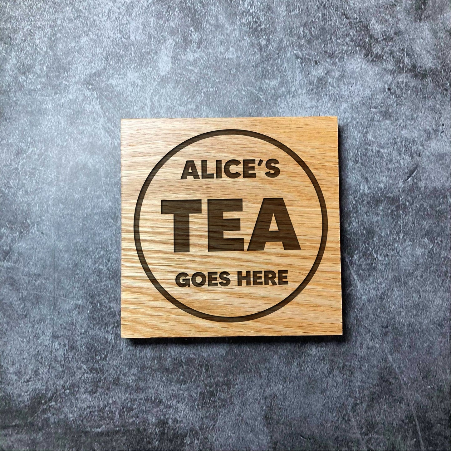 Custom Tea Goes Here Coaster - Deluxe Varnished Oak Wood - Custom Name Cup Brew Drink - Personalised Laser Engraved Square Wood Coasters