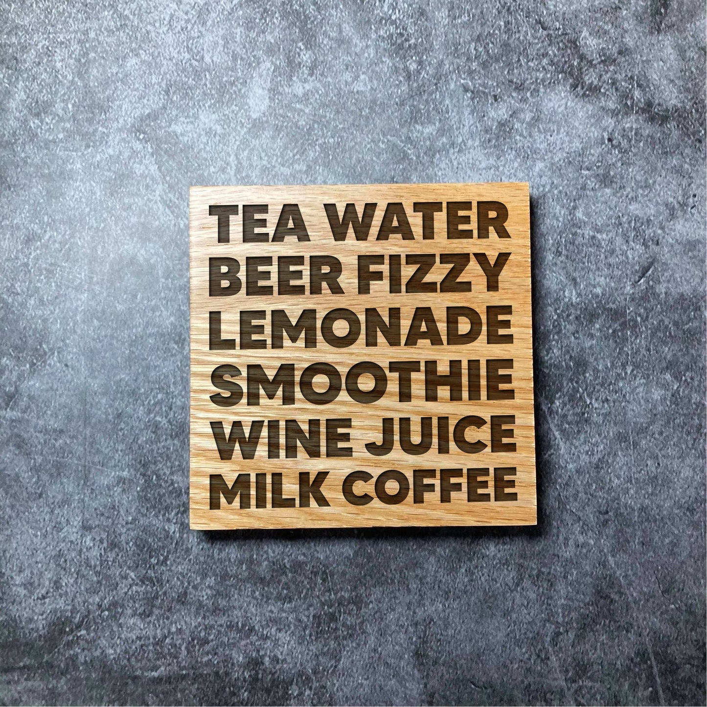 Engraved Drinks Types Coaster - Deluxe Varnished Oak Wood - Coffee Tea Wine Beer Drinks -Laser Engraved Square Wood Coasters