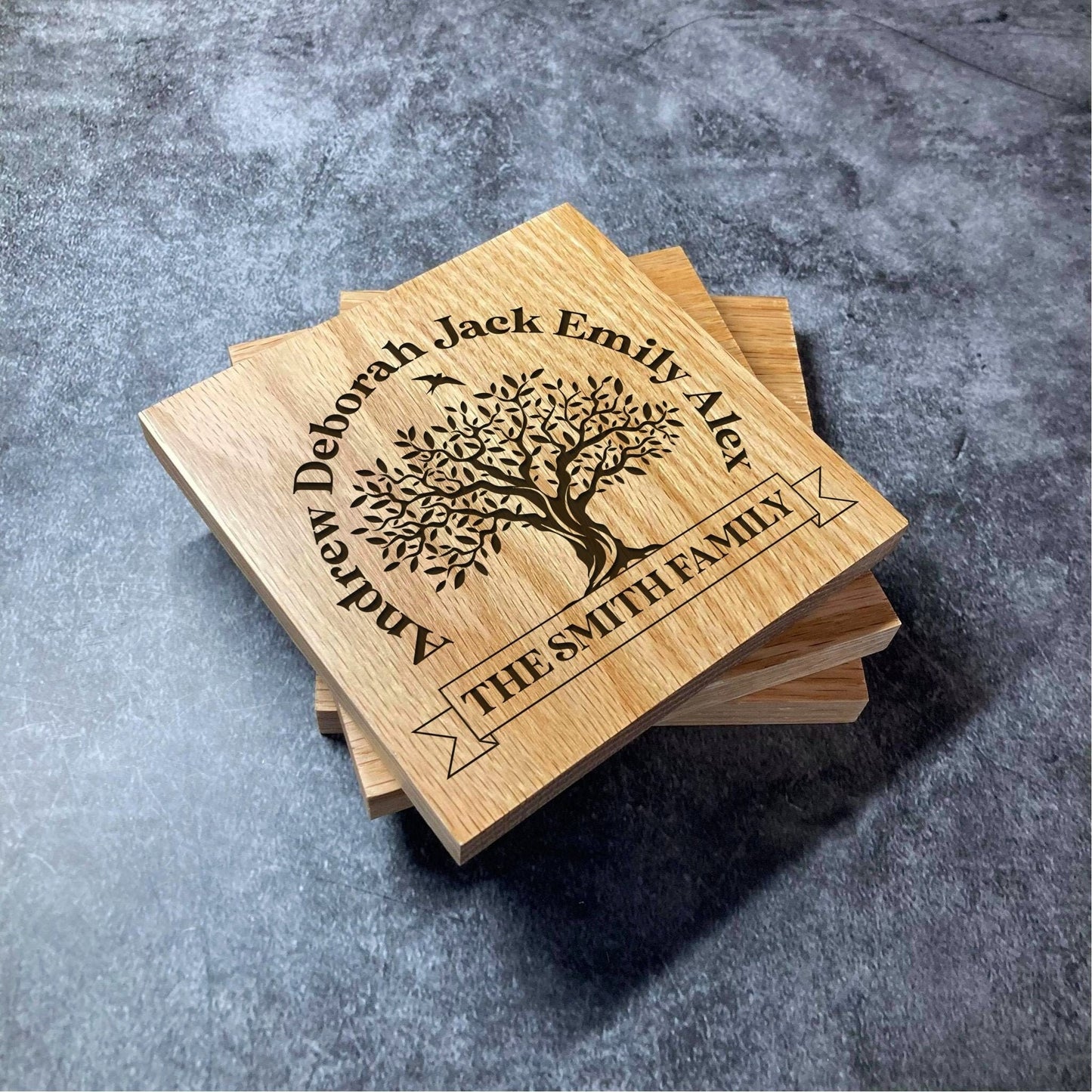 Custom Family Tree Coaster - Deluxe Varnished Oak - Personalised Laser Engraved Names & Surname Square Wood Coasters