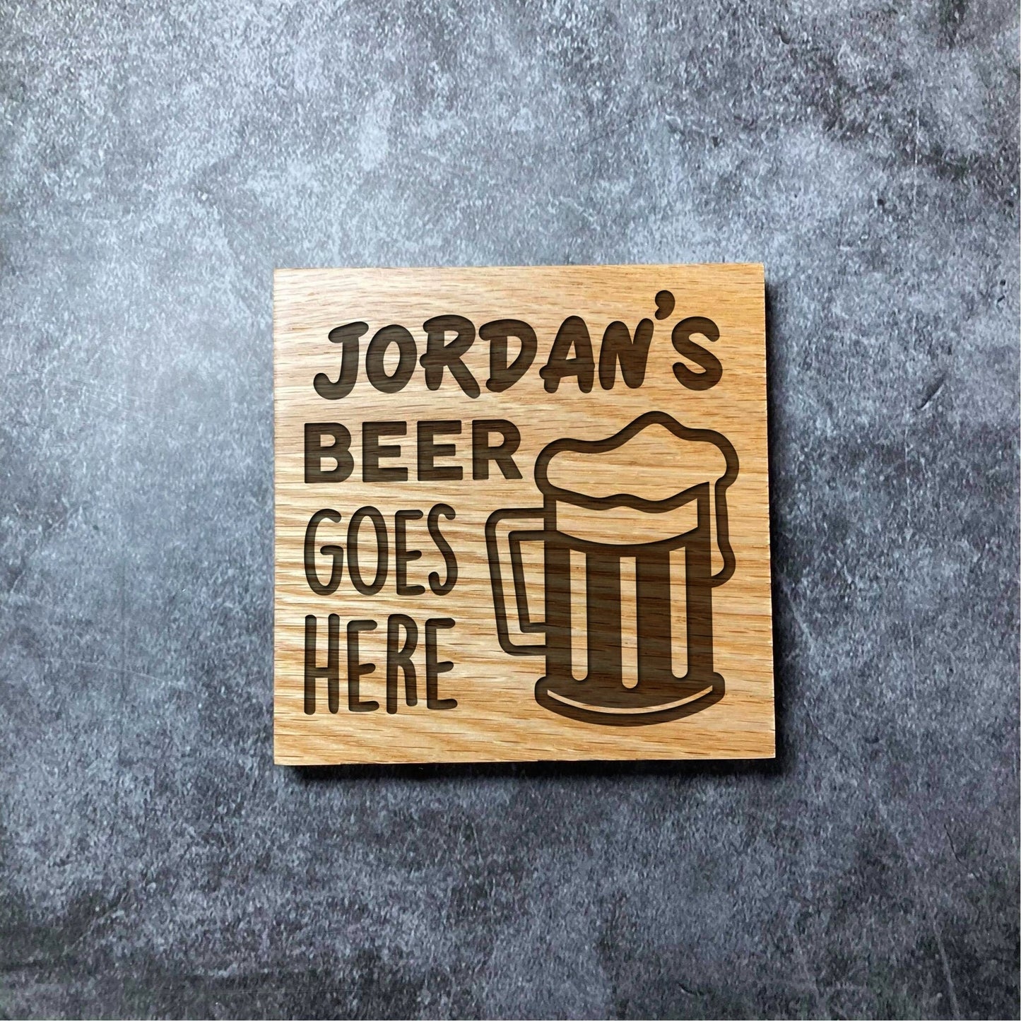 Custom Beer Goes Here Coaster - Deluxe Varnished Oak Wood - Name Pint Lager Alcohol - Personalised Laser Engraved Square Wood Coasters