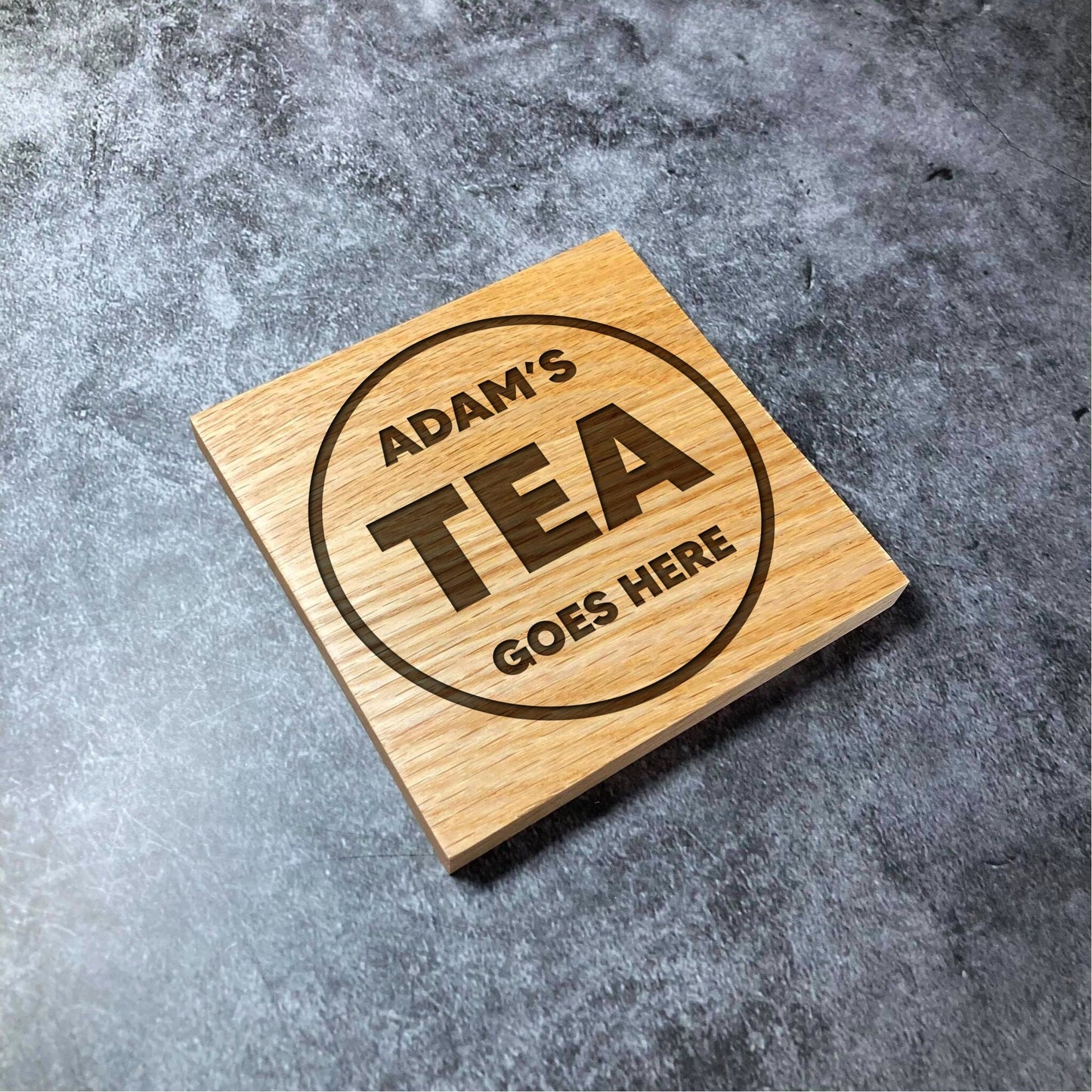 Custom Tea Goes Here Coaster - Deluxe Varnished Oak Wood - Custom Name Cup Brew Drink - Personalised Laser Engraved Square Wood Coasters