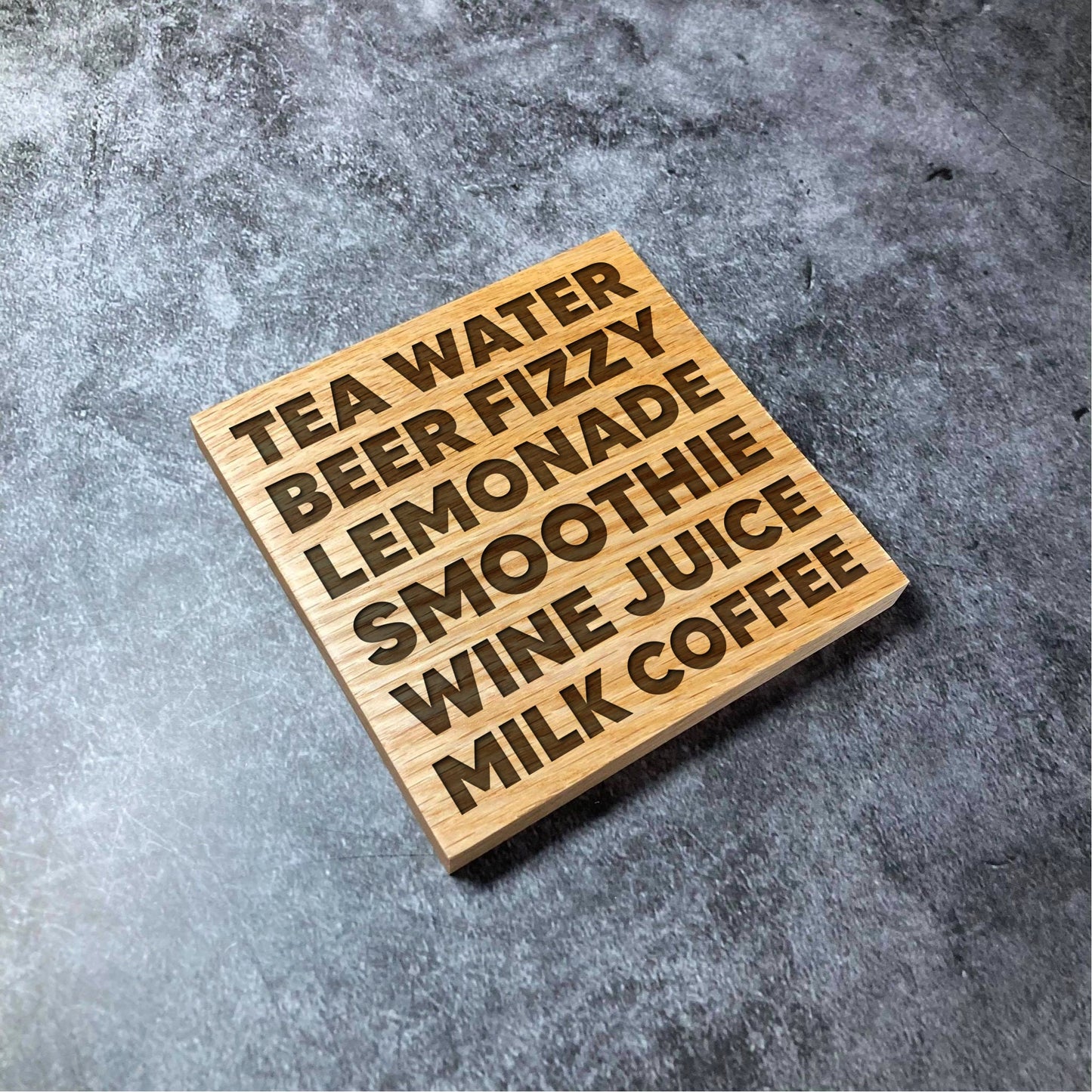 Engraved Drinks Types Coaster - Deluxe Varnished Oak Wood - Coffee Tea Wine Beer Drinks -Laser Engraved Square Wood Coasters