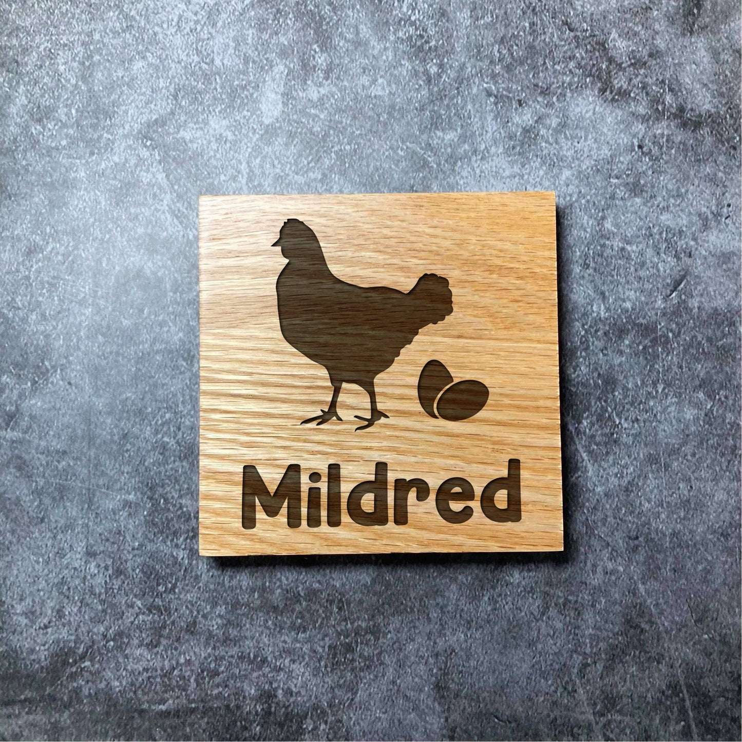 Custom Chicken Name Coaster with Eggs - Hen Egg Farm Farmhouse - Deluxe Varnished Oak Wood Personalised Laser Engraved Square Wood Coasters