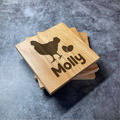 Custom Chicken Name Coaster with Eggs - Hen Egg Farm Farmhouse - Deluxe Varnished Oak Wood Personalised Laser Engraved Square Wood Coasters