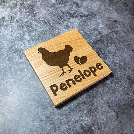 Custom Chicken Name Coaster with Eggs - Hen Egg Farm Farmhouse - Deluxe Varnished Oak Wood Personalised Laser Engraved Square Wood Coasters