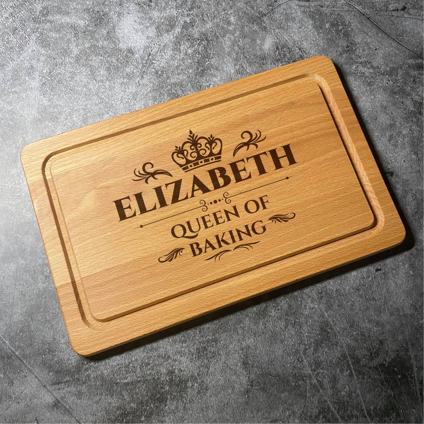 Custom Queen of Baking Chopping Board - Beech Wood Natural Grain - Custom Name Laser Engraved - Multiple Board Shapes